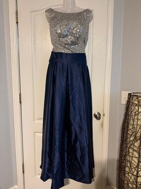 Silver Sequin Bodice Navy Satin Evening Dress